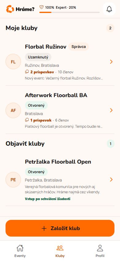 Otvor Kluby. – skutočná obrazovka Hráme? s ukážkovými údajmi