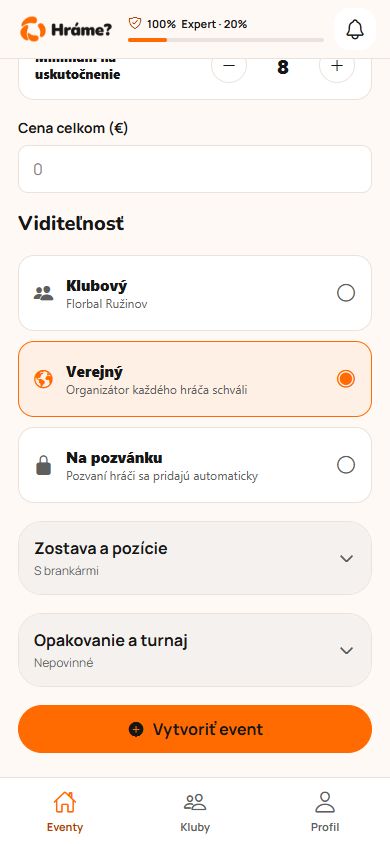Skontroluj a vytvor event. – skutočná obrazovka Hráme? s ukážkovými údajmi