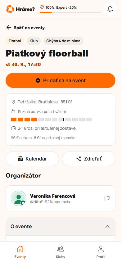 Detail eventu s tlačidlom Pridať sa na event