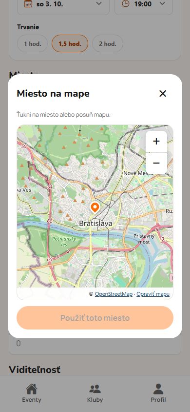 Vyber miesto na mape. – skutočná obrazovka Hráme? s ukážkovými údajmi